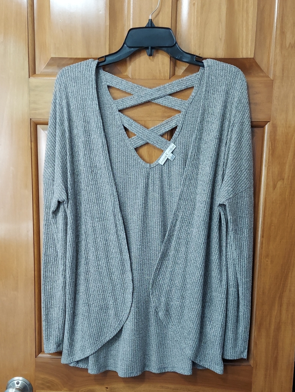 Moa Moa Crisscross Back Ribbed Knit Women's Gray Cardigan Sweater, Size Large